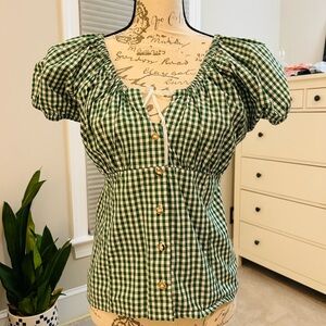 Green Gingham Puff Sleeve Top smocked top